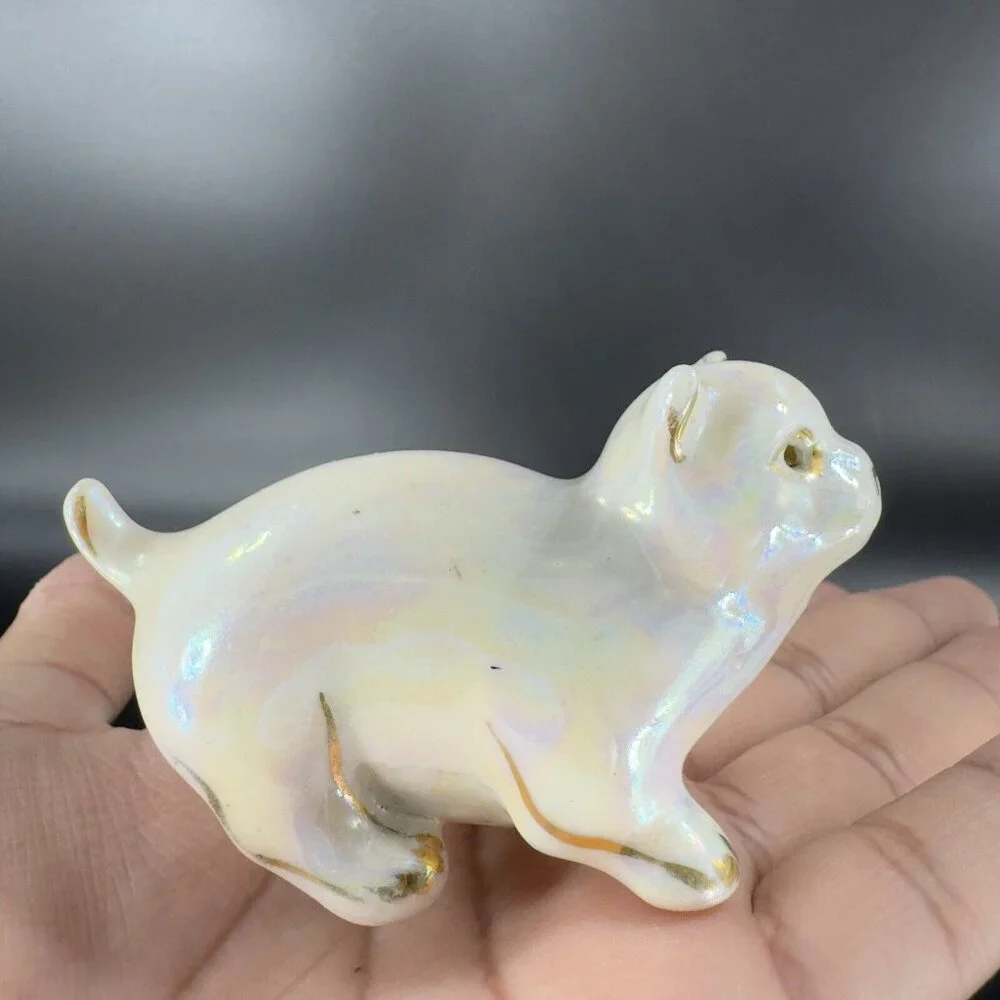 Vintage 1980s Ceramic Porcelain Luster Ware Iridescent Finish Kitty Cat Figurine